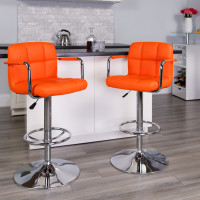 Flash Furniture Contemporary Orange Quilted Vinyl Adjustable Height Bar Stool with Arms and Chrome Base CH-102029-ORG-GG